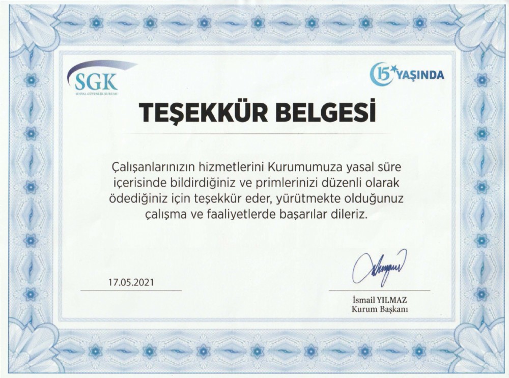 SGK'dan Te�ekk�r Belgesi